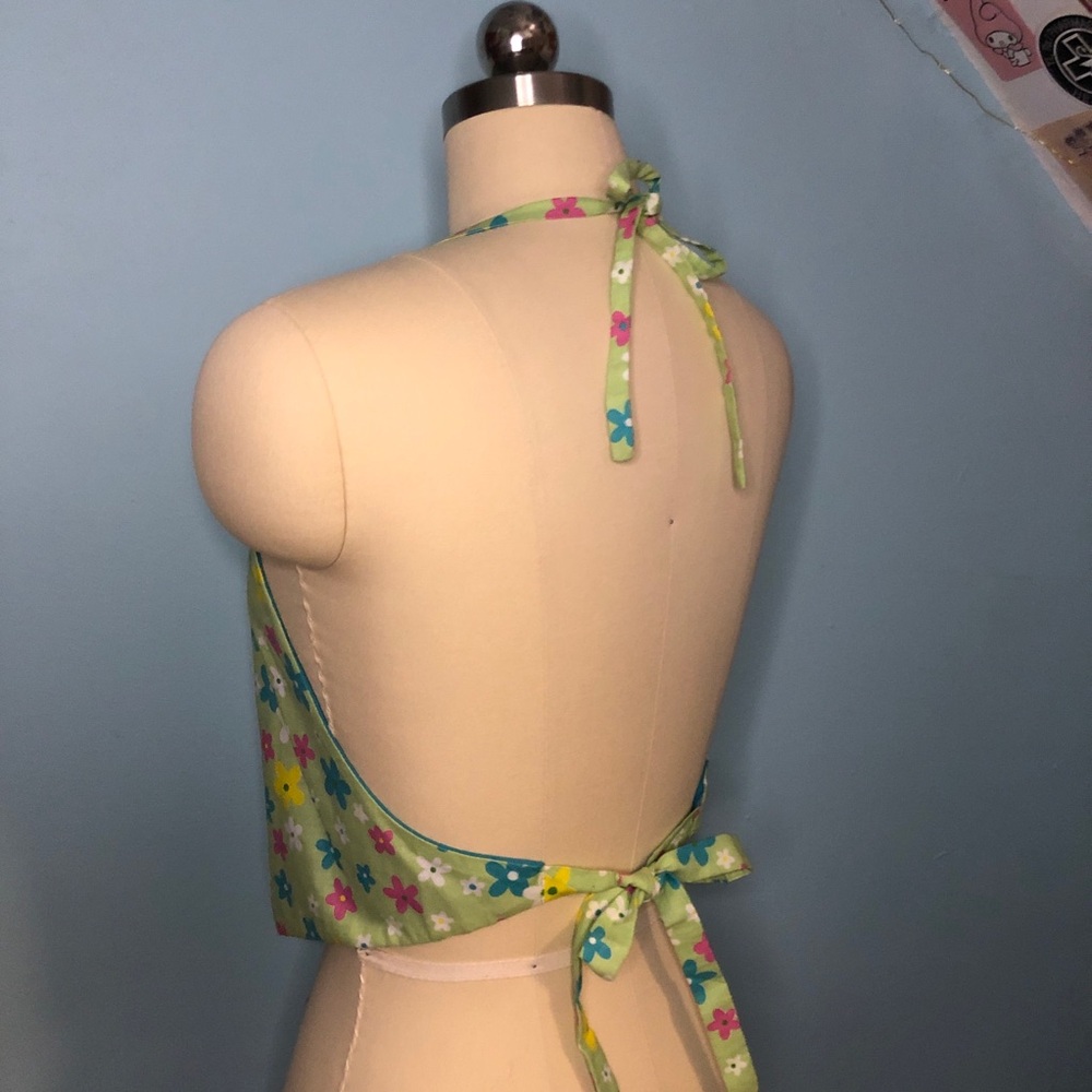 Vintage 90s Y2K Reverse Cropped Floral Daisy Halter Tie Top Club Raver - Picture 2 of 7